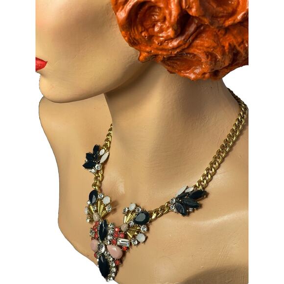 Vintage J Crew Necklace Statement Bib Black Pink Rhinestone Gold Tone Chain - Picture 2 of 14